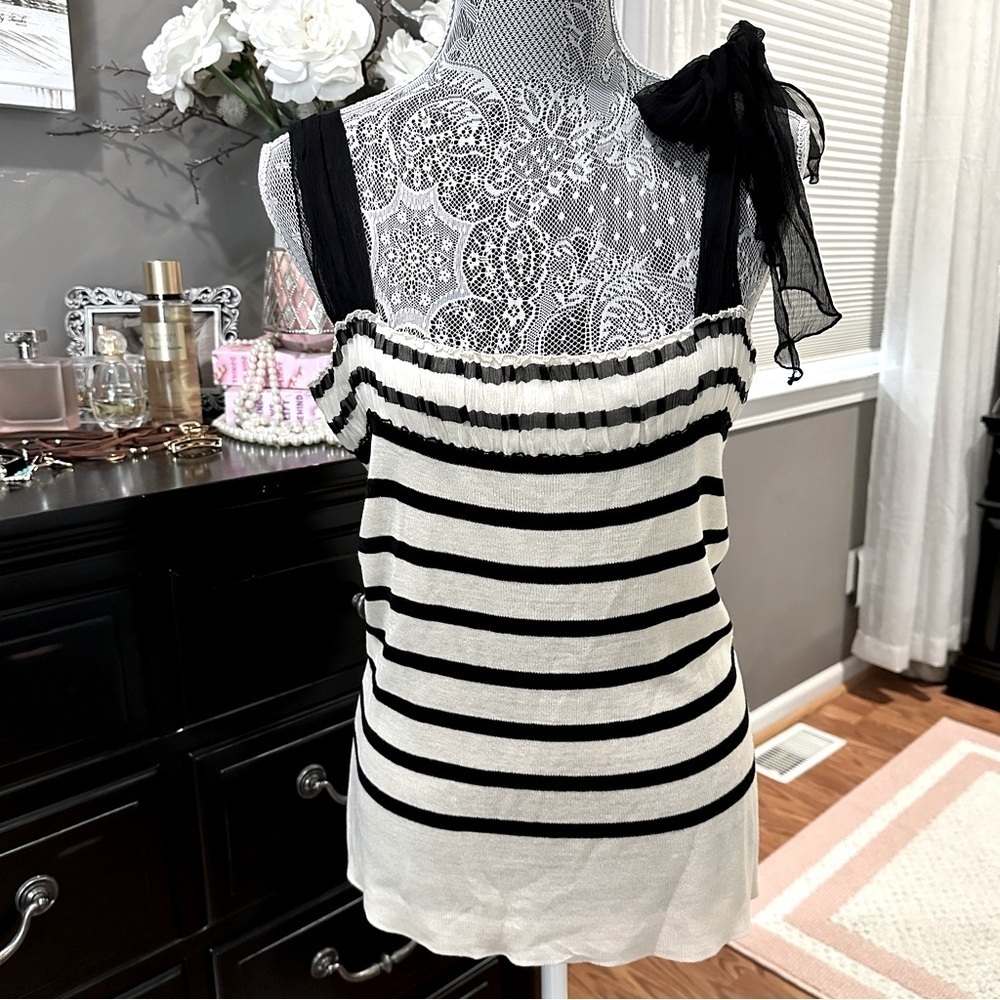 Etcetera Silk Knit Tank Top Black White Stripe Tie Strap - Size L